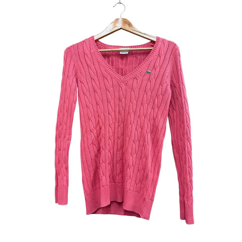Lacoste Womens Cable Knit V-Neck Sweater Pink Size 38 US 8